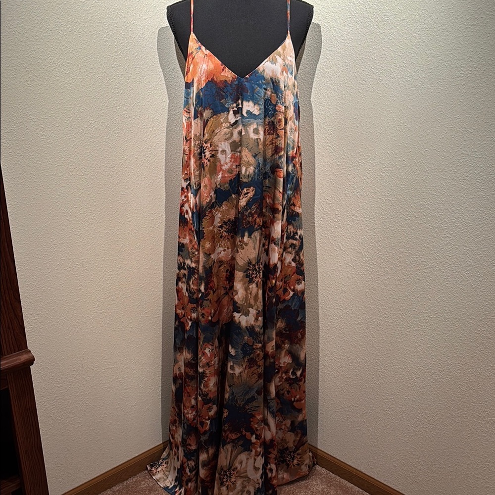 Nicole Miller Blue and Rust Floral Slip Maxi Dress